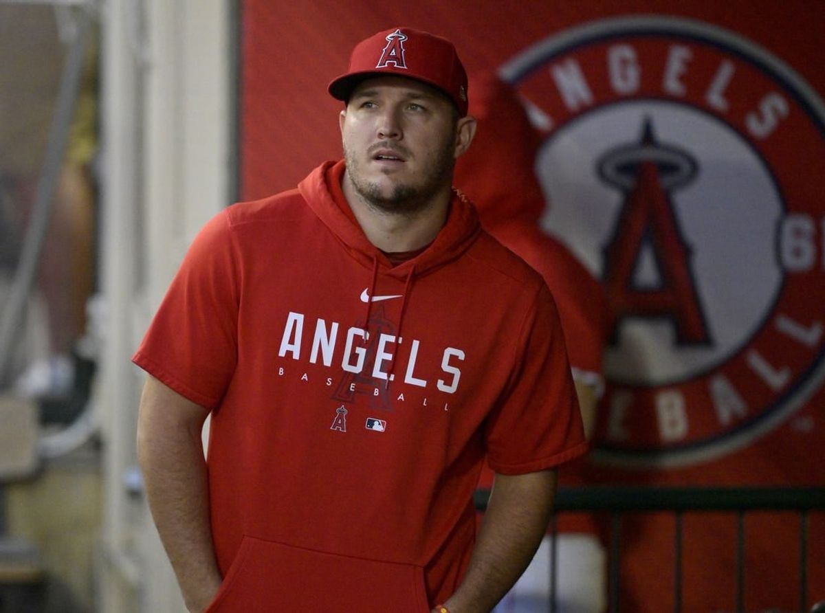 Sep 25, 2023; Anaheim, California, USA; Los Angeles Angels center fielder Mike Trout (17) looks on during the game against the Texas Rangers at Angel Stadium.