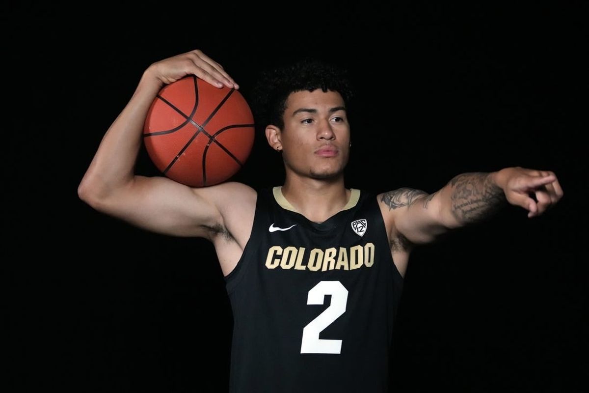 Oct 11, 2023; Las Vegas, NV, USA; Colorado Buffaloes guard KJ Simpson (2) poses during Pac-12 Media Day at Park MGM Las Vegas Conference Center.
