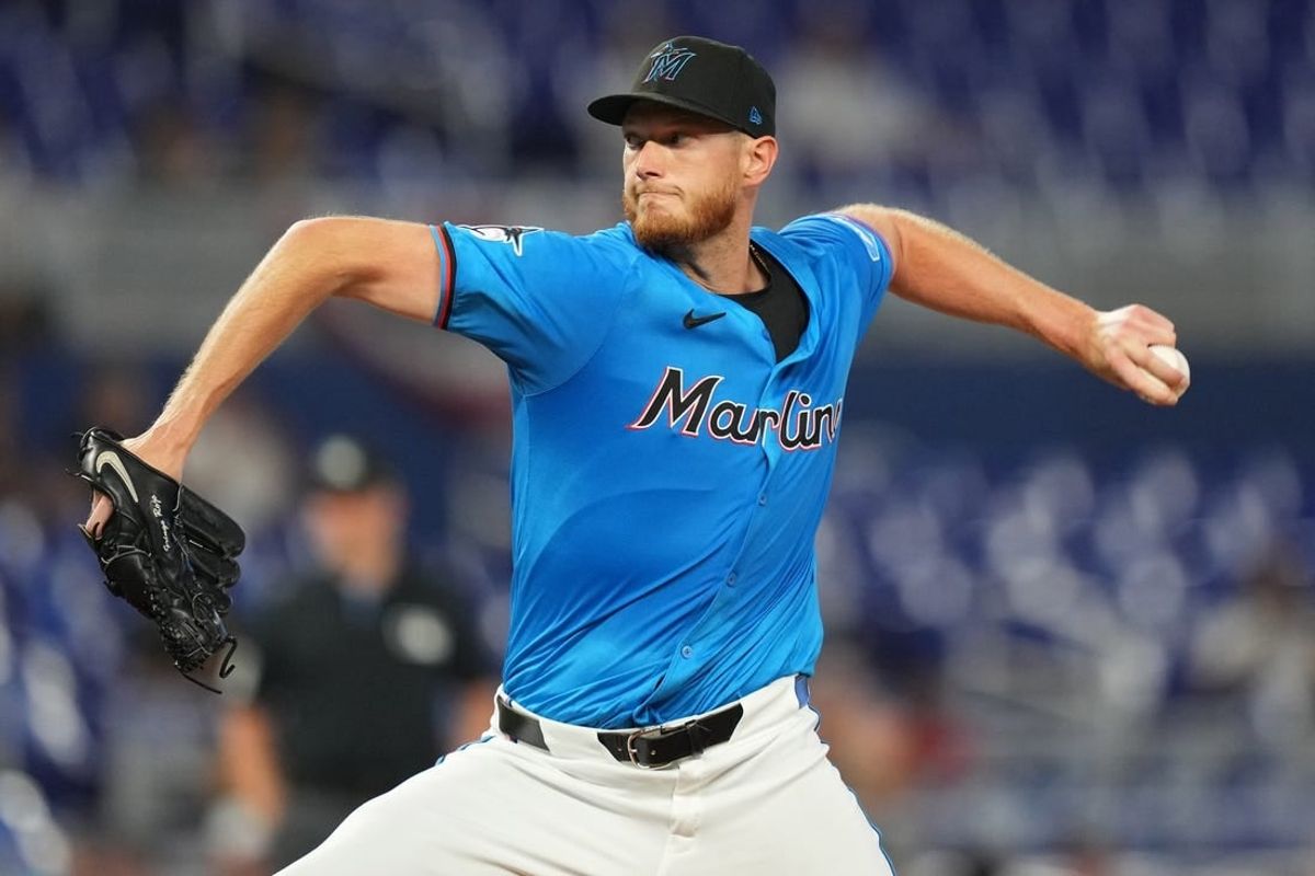 Apr 3, 2024; Miami, Florida, USA; Miami Marlins starting pitcher A.J. Puk (35) pitches in the first inning against the Los Angeles Angels at loanDepot Park.