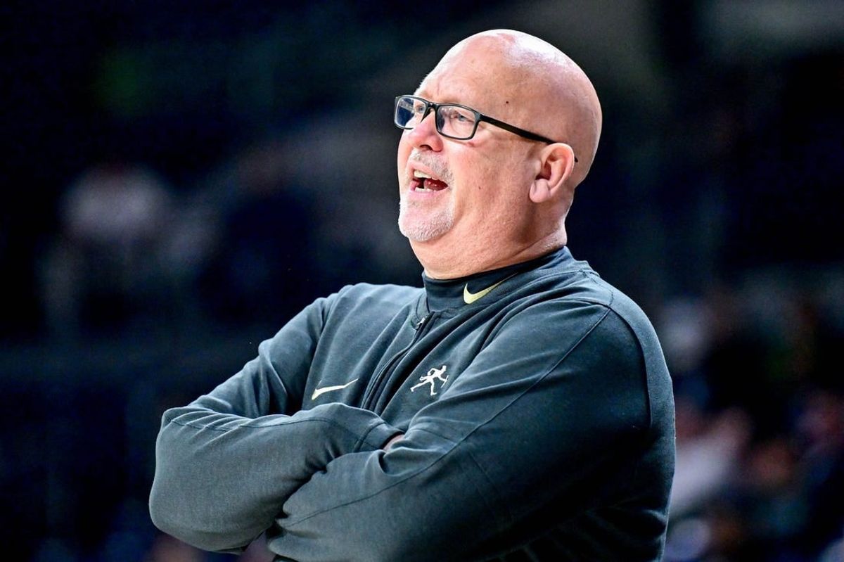 Feb 27, 2024; South Bend, Indiana, USA; Wake Forest Demon Deacons head coach Steve Forbes watches in the first half against the Notre Dame Fighting Irish at the Purcell Pavilion.