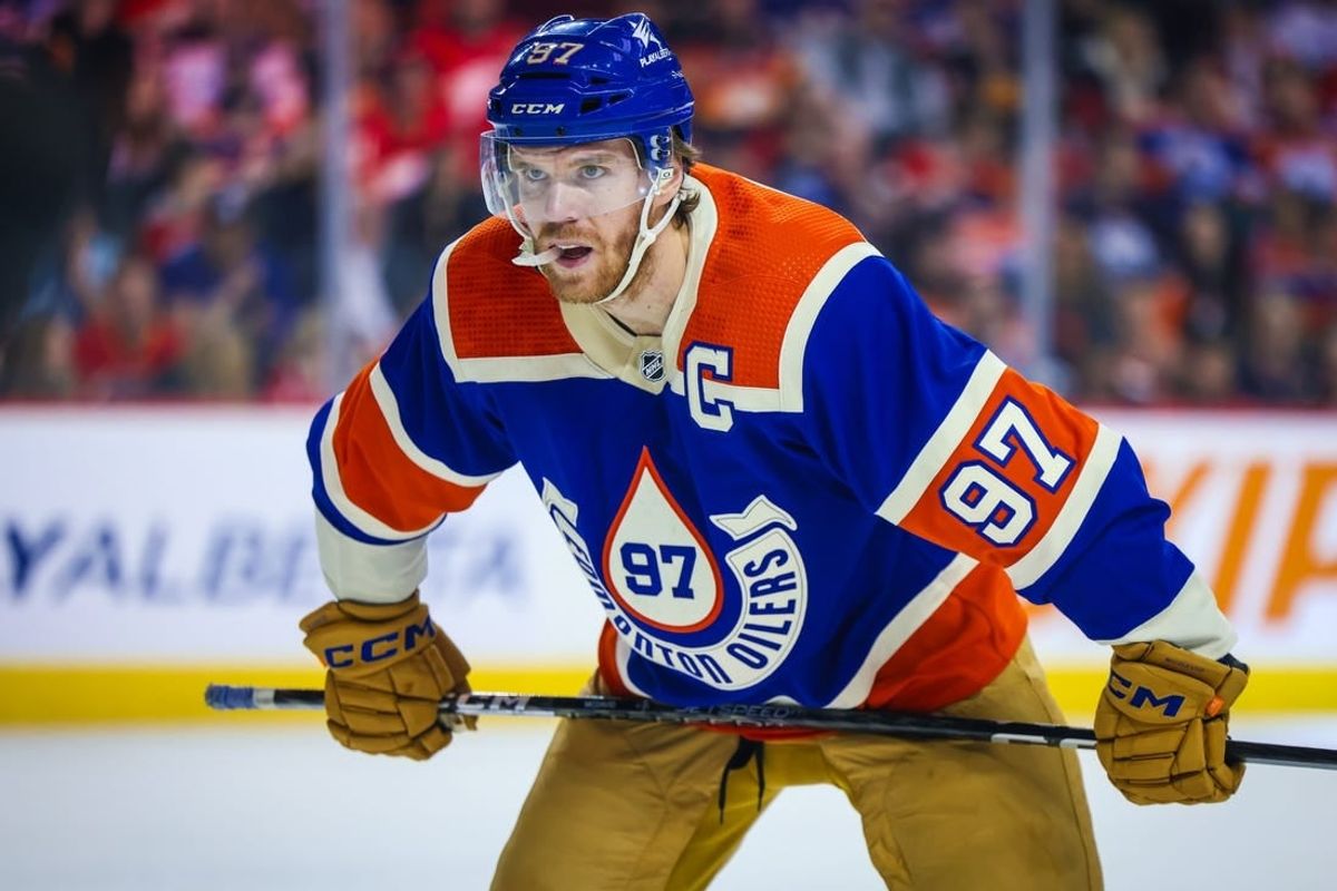Jan 20, 2024; Calgary, Alberta, CAN; Edmonton Oilers center Connor McDavid (97) during the face off against the Calgary Flames during the first period at Scotiabank Saddledome.