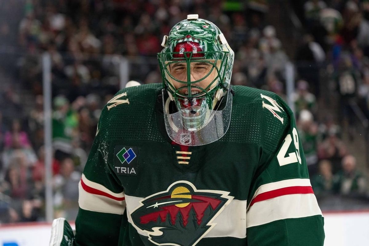 Jan 8, 2024; Saint Paul, Minnesota, USA; Minnesota Wild goaltender Marc-Andre Fleury (29) expresses frustration after letting in a fourth goal against the Dallas Stars in the third period at Xcel Energy Center.