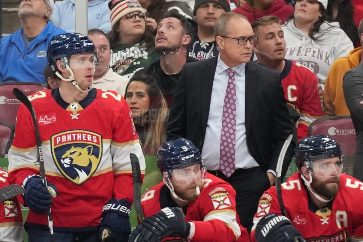 Jan 24, 2024; Sunrise, Florida, USA; Florida Panthers head coach Paul Maurice was recognized for coaching the second most games in NHL history during the first period at Amerant Bank Arena against the Arizona Coyotes.