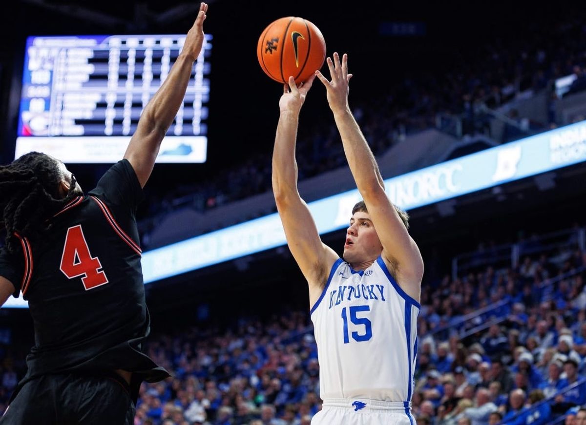Jan 20, 2024; Lexington, Kentucky, USA; Kentucky Wildcats guard Reed Sheppard (15) shoots the ball during the second half against the Georgia Bulldogs at Rupp Arena at Central Bank Center.