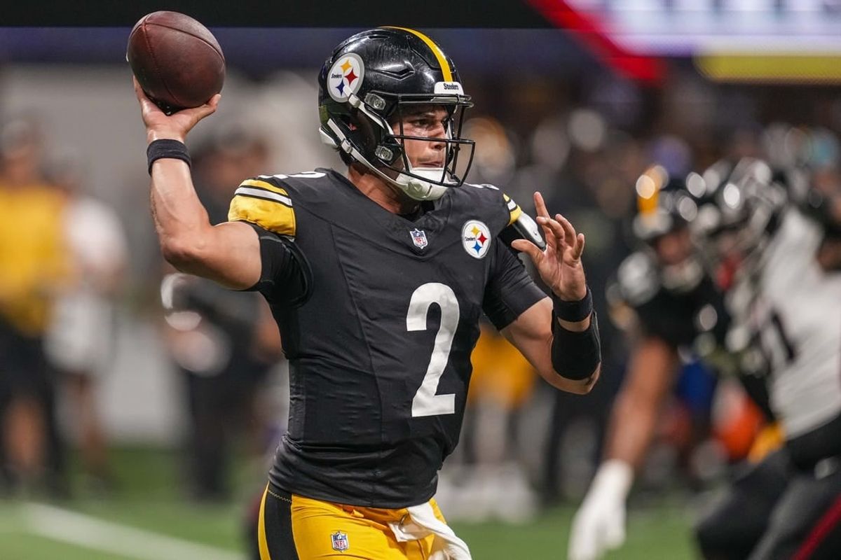 Aug 24, 2023; Atlanta, Georgia, USA; Pittsburgh Steelers quarterback Mason Rudolph (2) passes the ball against the Atlanta Falcons during the second half at Mercedes-Benz Stadium.