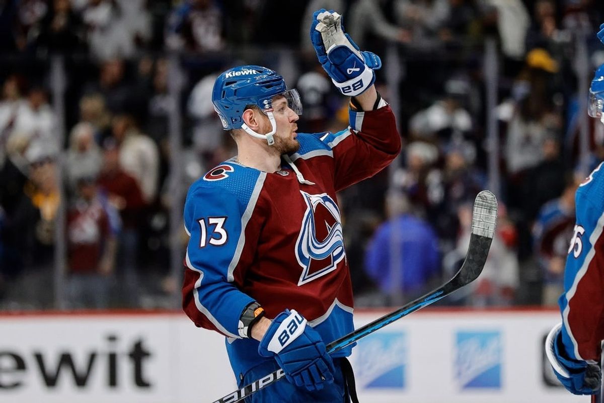 Jan 8, 2024; Denver, Colorado, USA; Colorado Avalanche right wing Valeri Nichushkin (13) celebrates after the game against the Boston Bruins at Ball Arena.