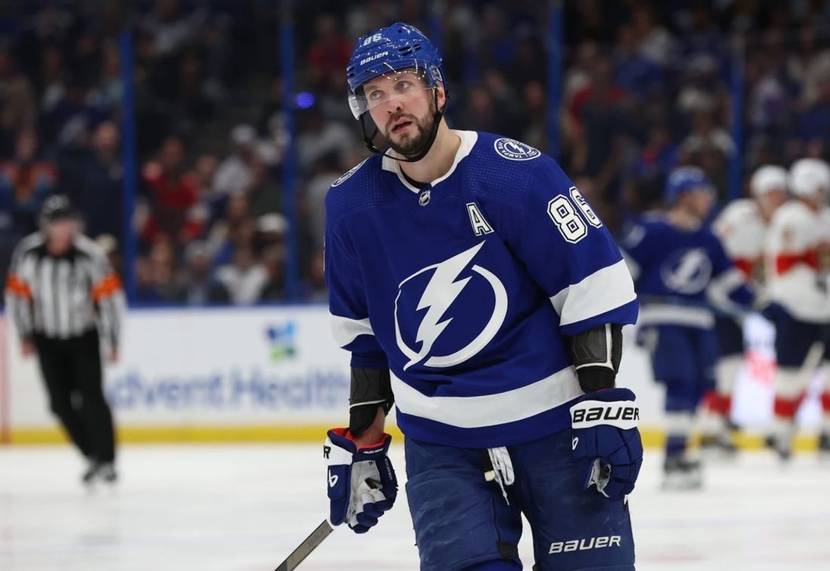 Dec 27, 2023; Tampa, Florida, USA;Tampa Bay Lightning right wing Nikita Kucherov (86) looks away after Florida Panthers scored a goal during the third period at Amalie Arena.