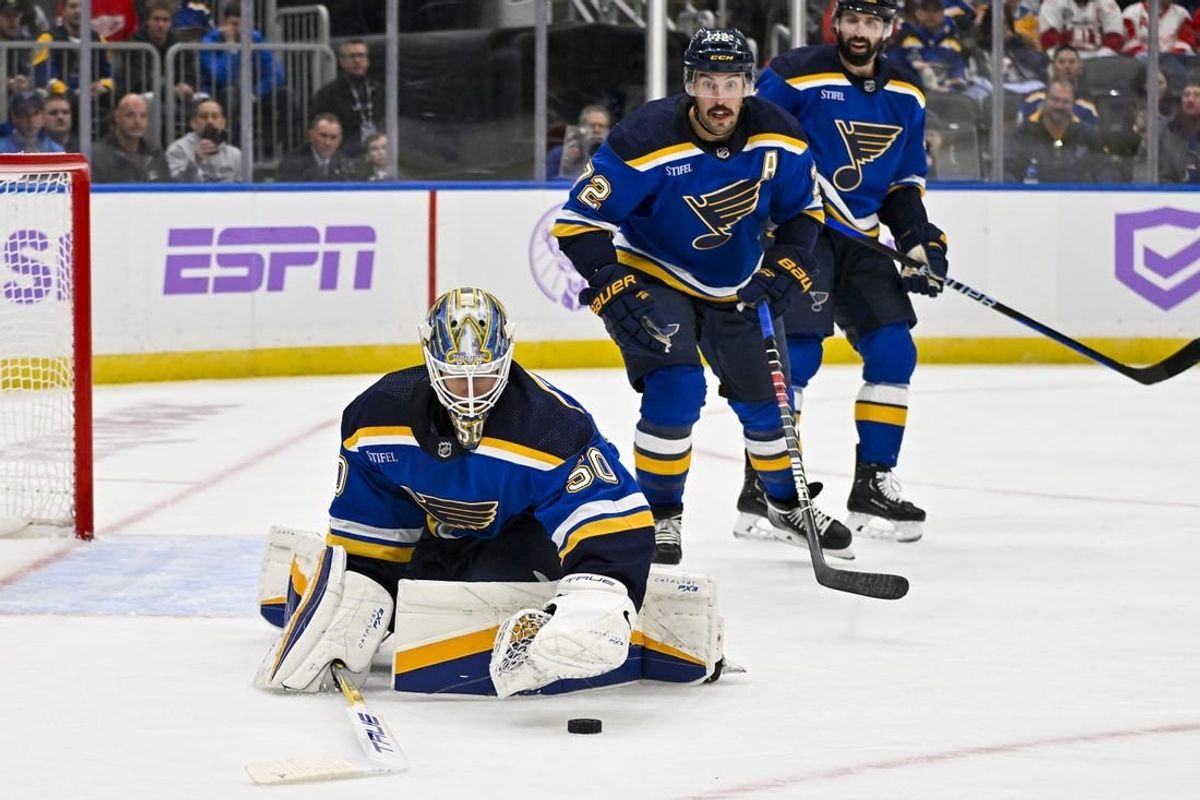 Dec 12, 2023; St. Louis, Missouri, USA;  St. Louis Blues goaltender Jordan Binnington (50) defends the net against the Detroit Red Wings during the first period at Enterprise Center.