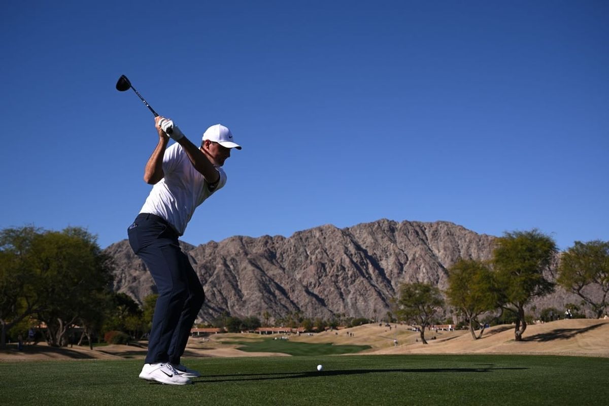 Jan 21, 2023; La Quinta, California, USA; Scottie Scheffler plays his shot from the third tee during the third round of The American Express golf tournament at Pete Dye Stadium Course.
