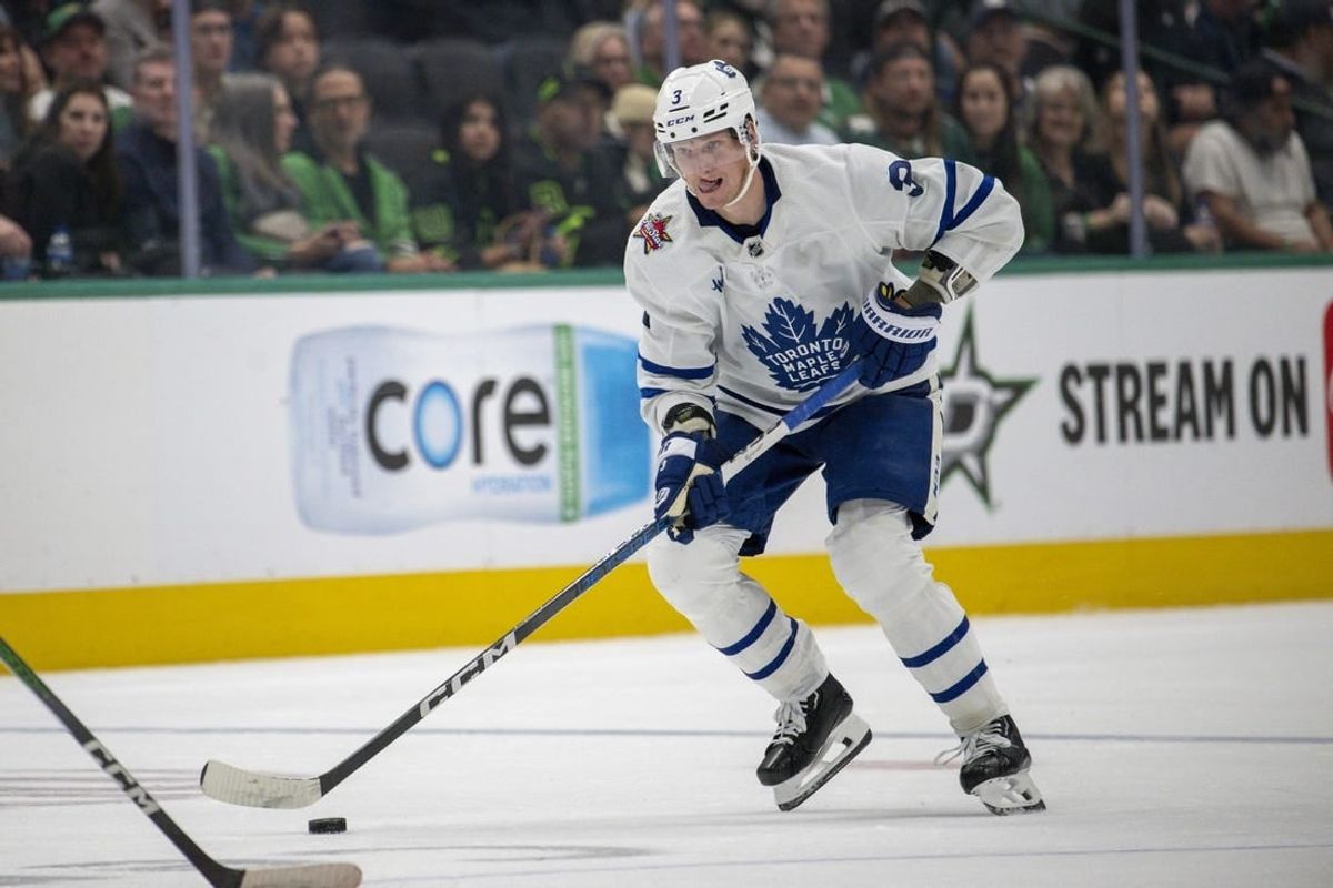 Oct 26, 2023; Dallas, Texas, USA; Toronto Maple Leafs defenseman John Klingberg (3) in action during the game between the Dallas Stars and the Toronto Maple Leafs at the American Airlines Center.