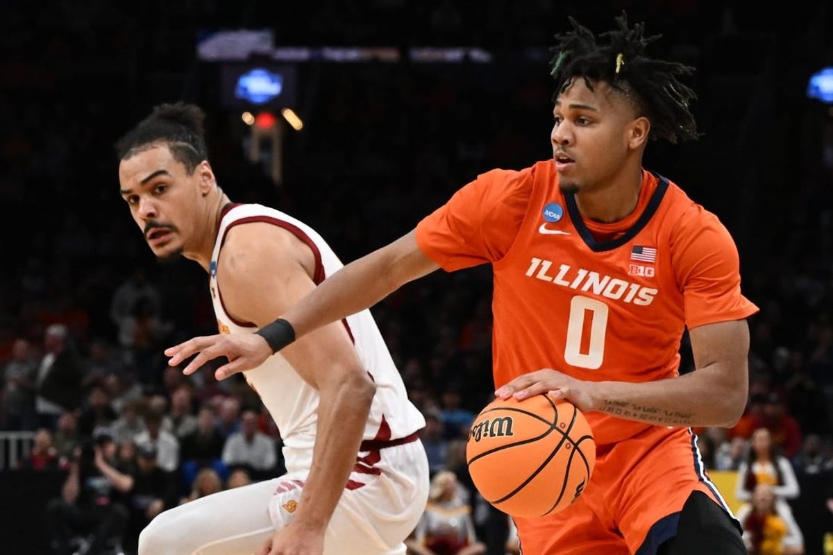 Mar 28, 2024; Boston, MA, USA; Illinois Fighting Illini guard Terrence Shannon Jr. (0) dribbles the ball against the Iowa State Cyclones in the semifinals of the East Regional of the 2024 NCAA Tournament at TD Garden.