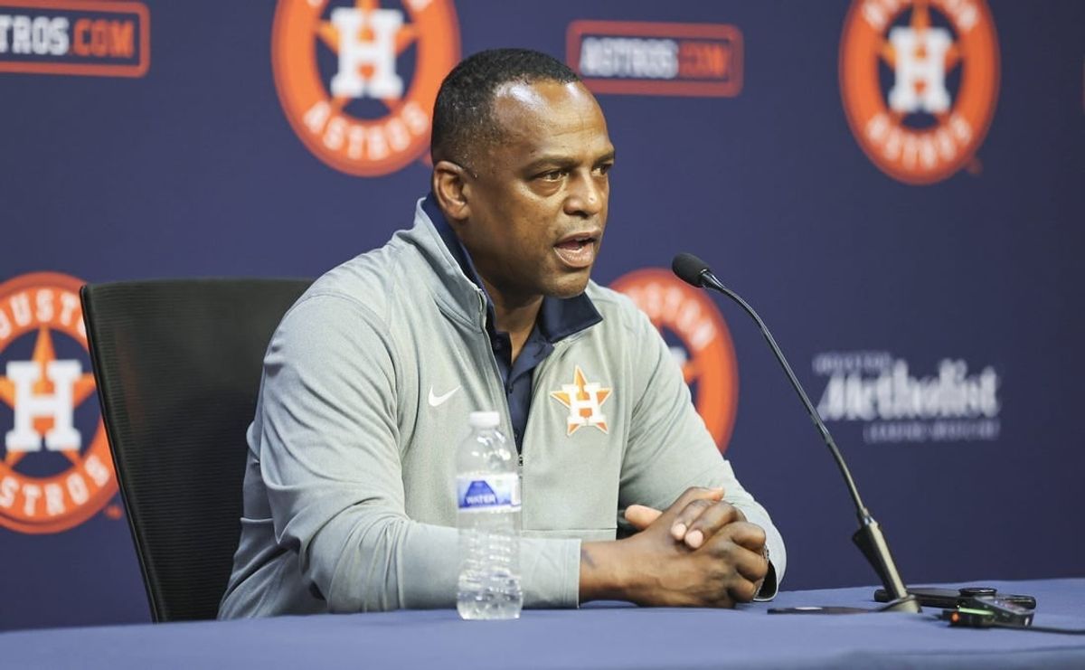 Aug 1, 2023; Houston, Texas, USA; Houston Astros general manager Dana Brown speaks with media before the game against the Cleveland Guardians at Minute Maid Park.