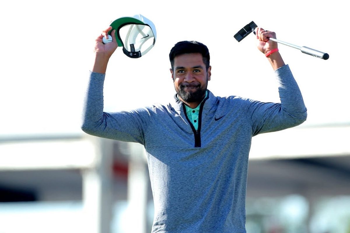 Nov 13, 2022; Houston, Texas, USA; Tony Finau celebrates after winning the Houston Open golf tournament.