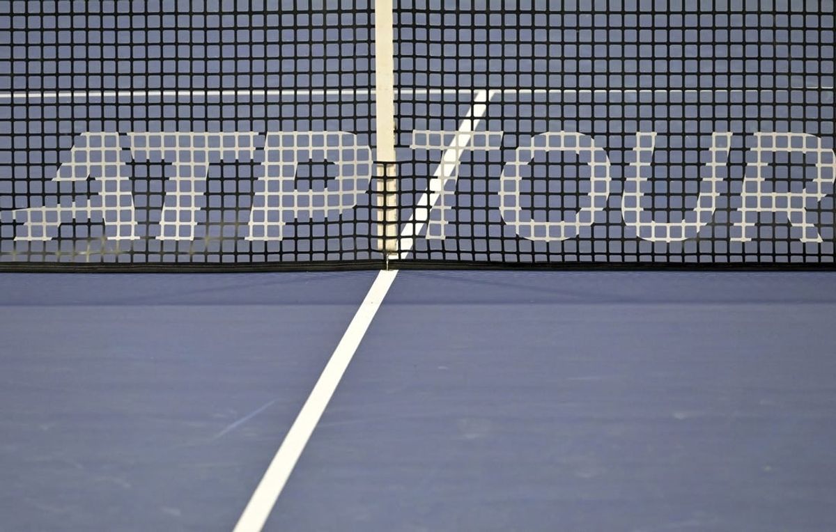 Aug 9, 2022; Montreal, QC, Canada; General view of the net and ATP Tour logo in first round play in the National Bank Open at IGA Stadium.