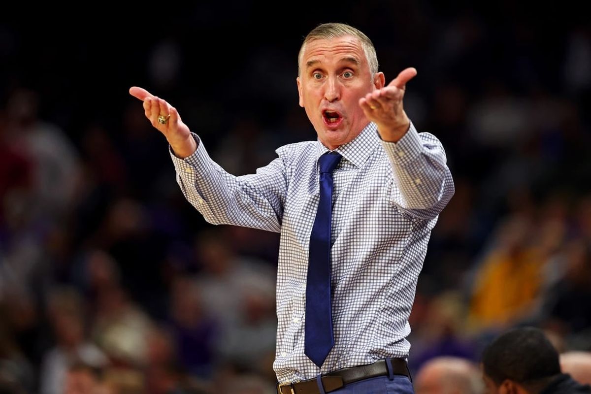 Dec 20, 2023; Phoenix, Arizona, USA; Arizona State Sun Devils head coach Bobby Hurley reacts to a play during the first half of the game against the Northwestern Wildcats during the Hall of Series at Footprint Center.