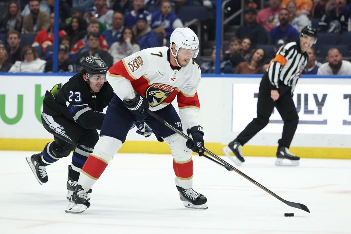 Feb 17, 2024; Tampa, Florida, USA;  Florida Panthers defenseman Dmitry Kulikov (7) controls the puck from Tampa Bay Lightning center Michael Eyssimont (23) in the second period at Amalie Arena.