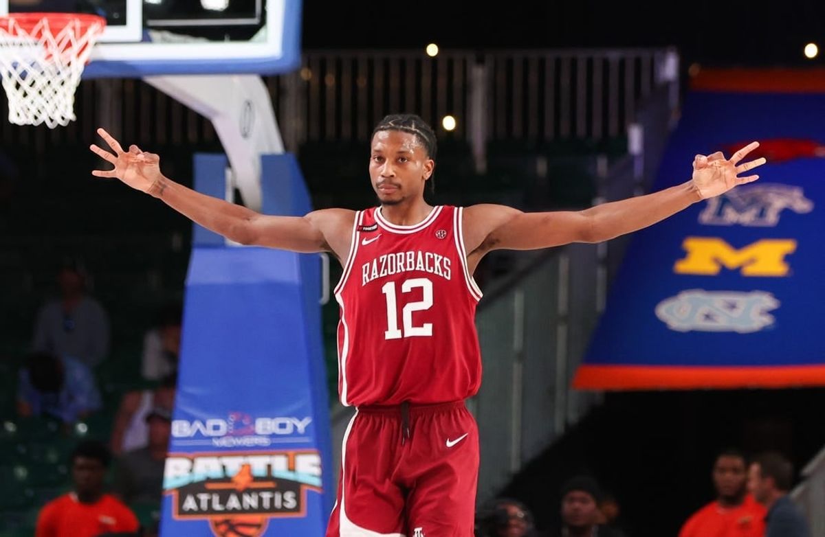 Nov 24, 2023; Paradise Island, BAHAMAS;  Arkansas Razorbacks guard Tramon Mark (12) reacts after scoring during the second half against the North Carolina Tar Heels at Imperial Arena.