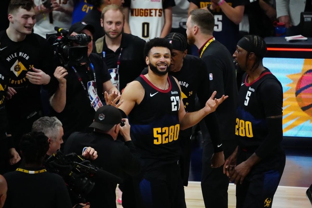 Apr 22, 2024; Denver, Colorado, USA; Denver Nuggets guard Jamal Murray (27) reacts after defeating the Los Angeles Lakers during game two during the 2024 NBA playoffs at Ball Arena.