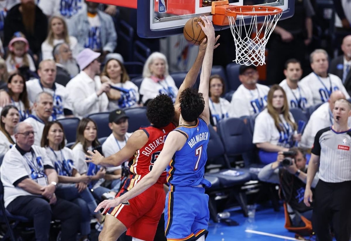 Apr 24, 2024; Oklahoma City, Oklahoma, USA; Oklahoma City Thunder forward Chet Holmgren (7) blocks a shot by New Orleans Pelicans forward Jeremiah Robinson-Earl (50) during the second half of game two of the first round for the 2024 NBA playoffs at Paycom Center.