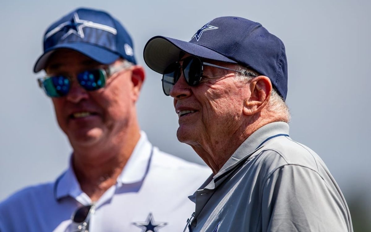 Jul 31, 2023; Oxnard, CA, USA; Dallas Cowboys owner Jerry Jones and chief operating officer Stephen Jones (left) during training camp at the Marriott Residence Inn-River Ridge playing fields.