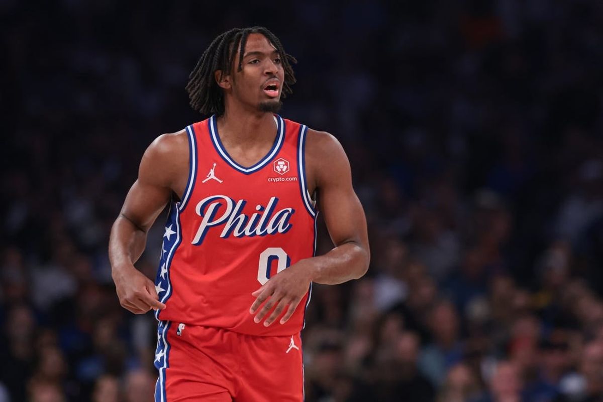 Apr 22, 2024; New York, New York, USA;  Philadelphia 76ers guard Tyrese Maxey (0) runs up court during the first half during game two of the first round for the 2024 NBA playoffs against the New York Knicks at Madison Square Garden.