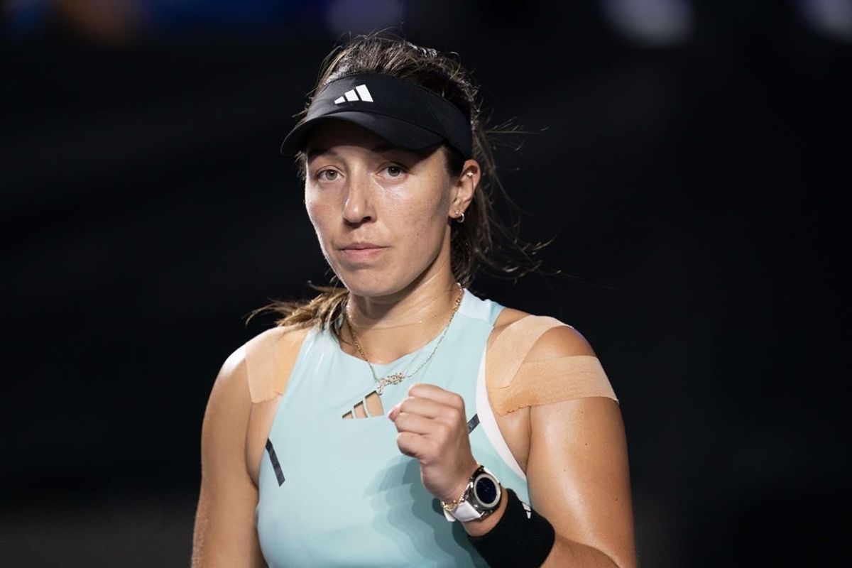 Nov 2, 2023; Cancun, Mexico; Jessica Pegula (USA) reacts to a point during her match against Maria Sakkari (GRE) on day five of the GNP Saguaros WTA Finals Cancun.