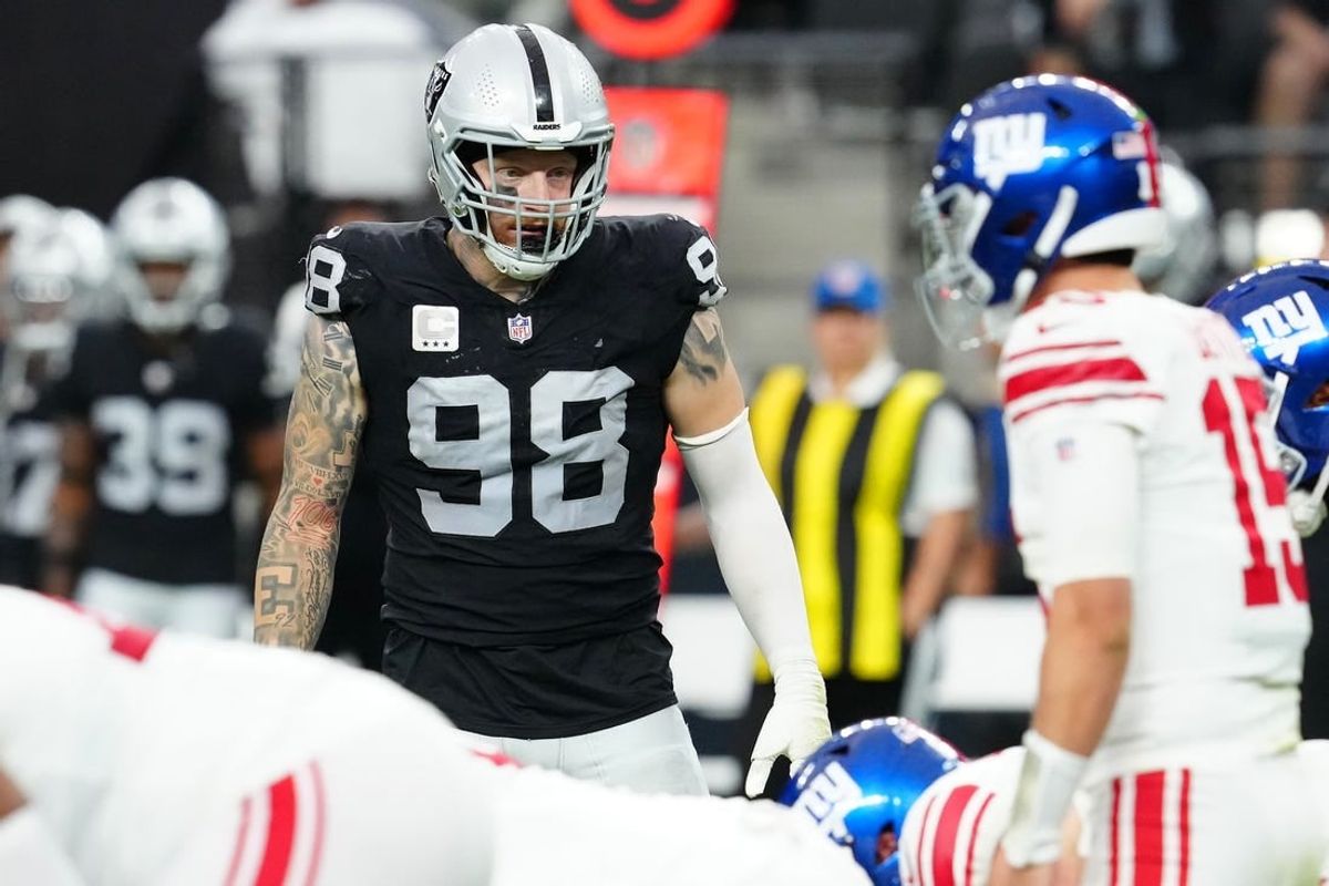 Nov 5, 2023; Paradise, Nevada, USA; Las Vegas Raiders defensive end Maxx Crosby (98) waits for the New York Giants to snap the ball during the second quarter at Allegiant Stadium.