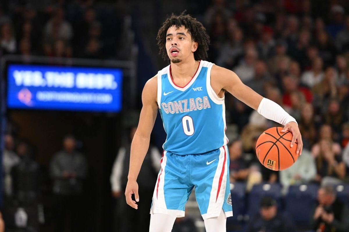 Nov 10, 2023; Spokane, Washington, USA; Gonzaga Bulldogs guard Ryan Nembhard (0) controls the ball against the Yale Bulldogs in the second half at McCarthey Athletic Center. Gonzaga Bulldogs won 86-71.
