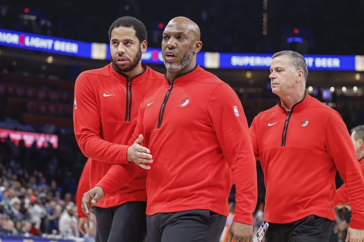 Jan 23, 2024; Oklahoma City, Oklahoma, USA; Portland Trail Blazers head coach Chauncey Billups walks off the court after being ejected late in the fourth quarter against the Oklahoma City Thunder at Paycom Center.