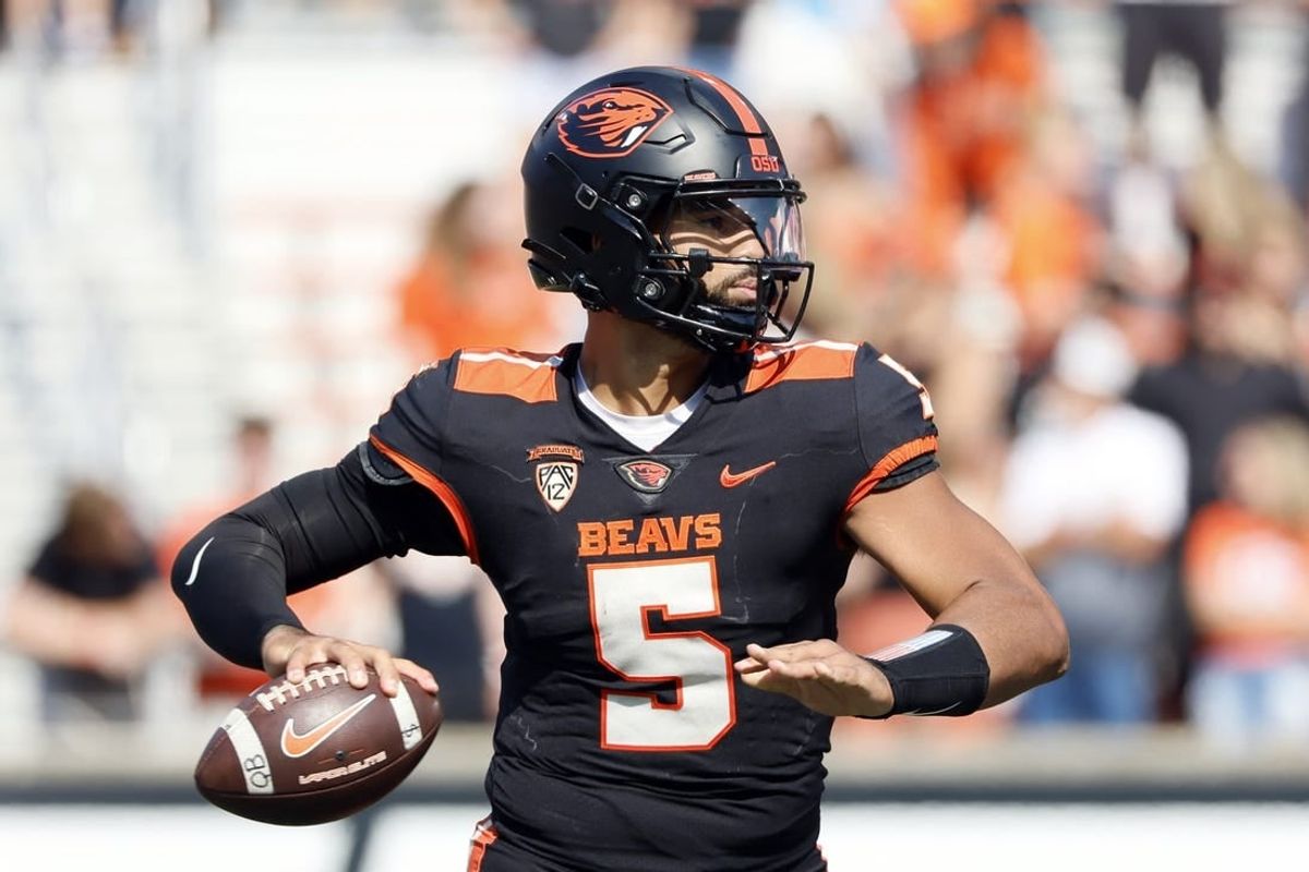 Sep 16, 2023; Corvallis, Oregon, USA; Oregon State Beavers quarterback DJ Uiagalelei (5) looks to throw during the second half against the San Diego State Aztecs at Reser Stadium.