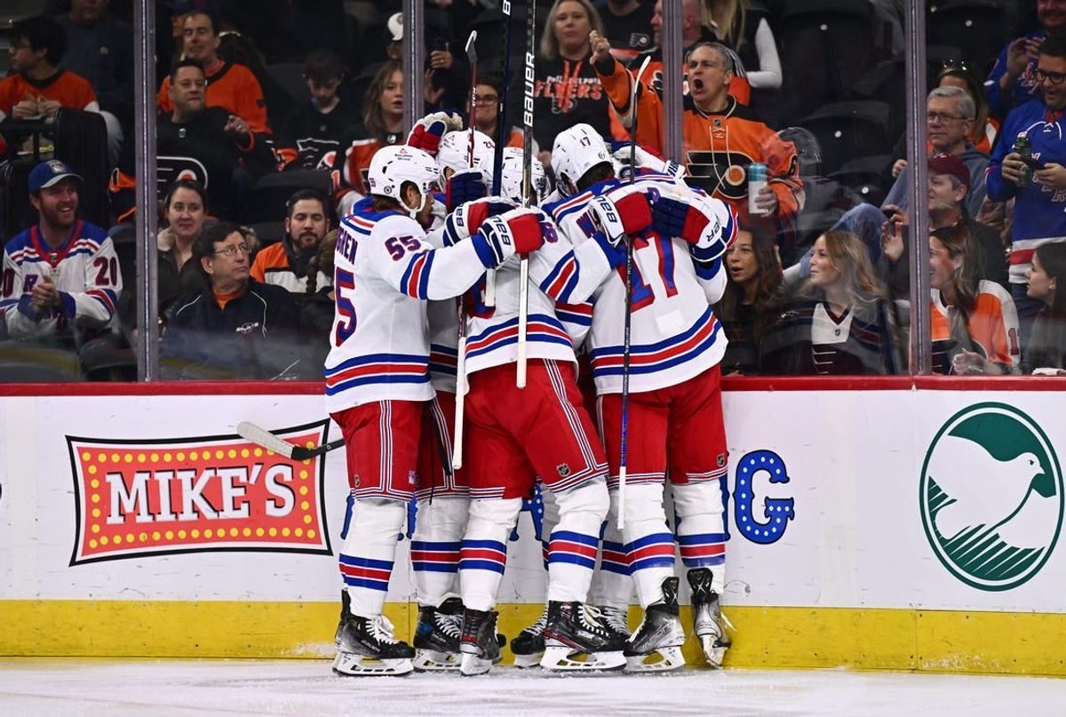 Nov 24, 2023; Philadelphia, Pennsylvania, USA; New York Rangers center Mika Zibanejad (93) celebrates with teammates after scoring a goal against the Philadelphia Flyers in the first period at Wells Fargo Center.