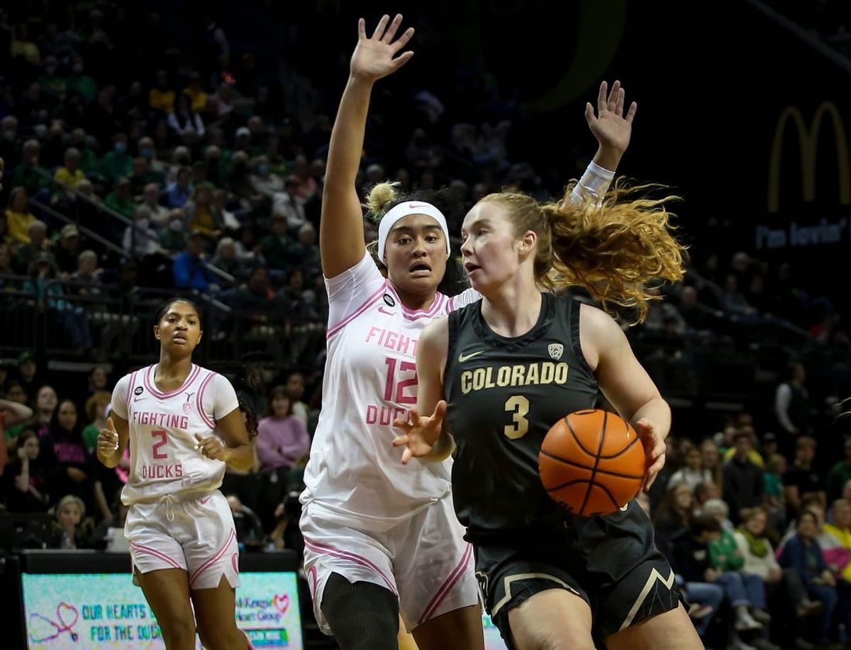 Colorado guard Frida Formann looks to pass under coverage from Oregon guard Te-Hina Paopao as the Oregon Ducks host the Colorado Buffaloes Friday, Feb. 3, 2023 at Matthew Knight Arena in Eugene, Ore.

Ncaa Womens Basketball Oregon Wbb Colorado Colorado At Oregon