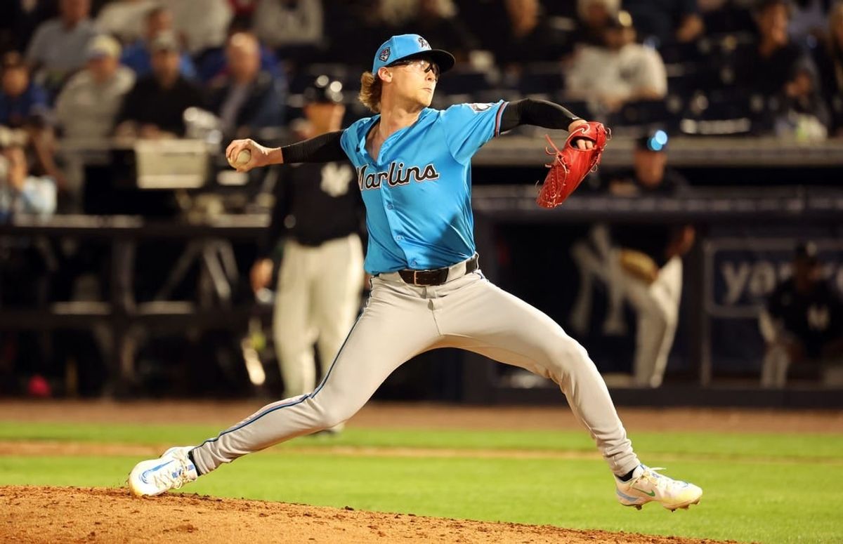Feb 29, 2024; Tampa, Florida, USA; Miami Marlins pitcher Max Meyer (23) throws a pitch during the fifth inning against the New York Yankees at George M. Steinbrenner Field.
