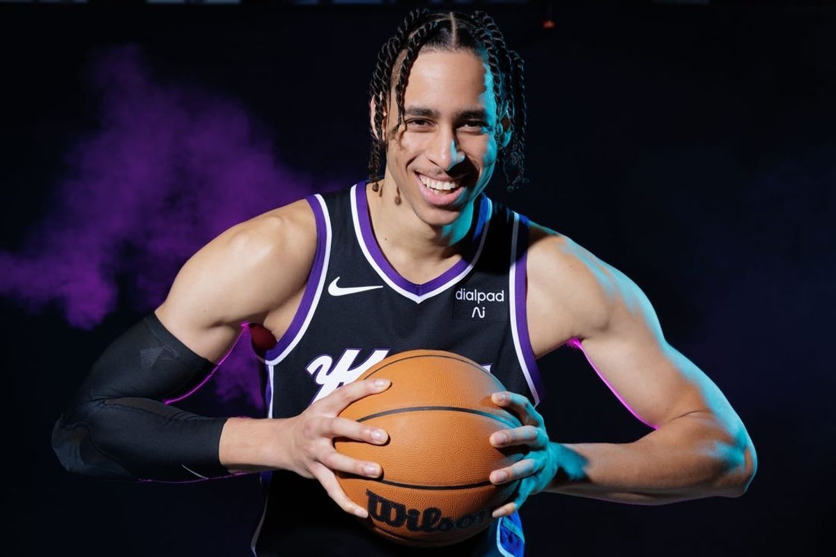 Oct 2, 2023; Sacramento, CA, USA; Sacramento Kings center Chance Comanche (22) poses for a photo during media day at Golden 1 Center.