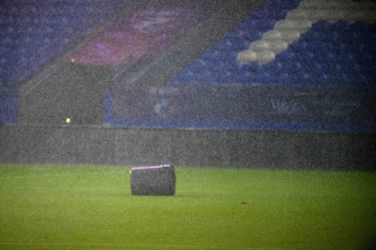 Oct 4, 2023; Frisco, Texas, USA; A view of a trash can after it is blown on to the field as a storm goes through Frisco during a lightning delay in the game between FC Dallas and the Colorado Rapids at Toyota Stadium.