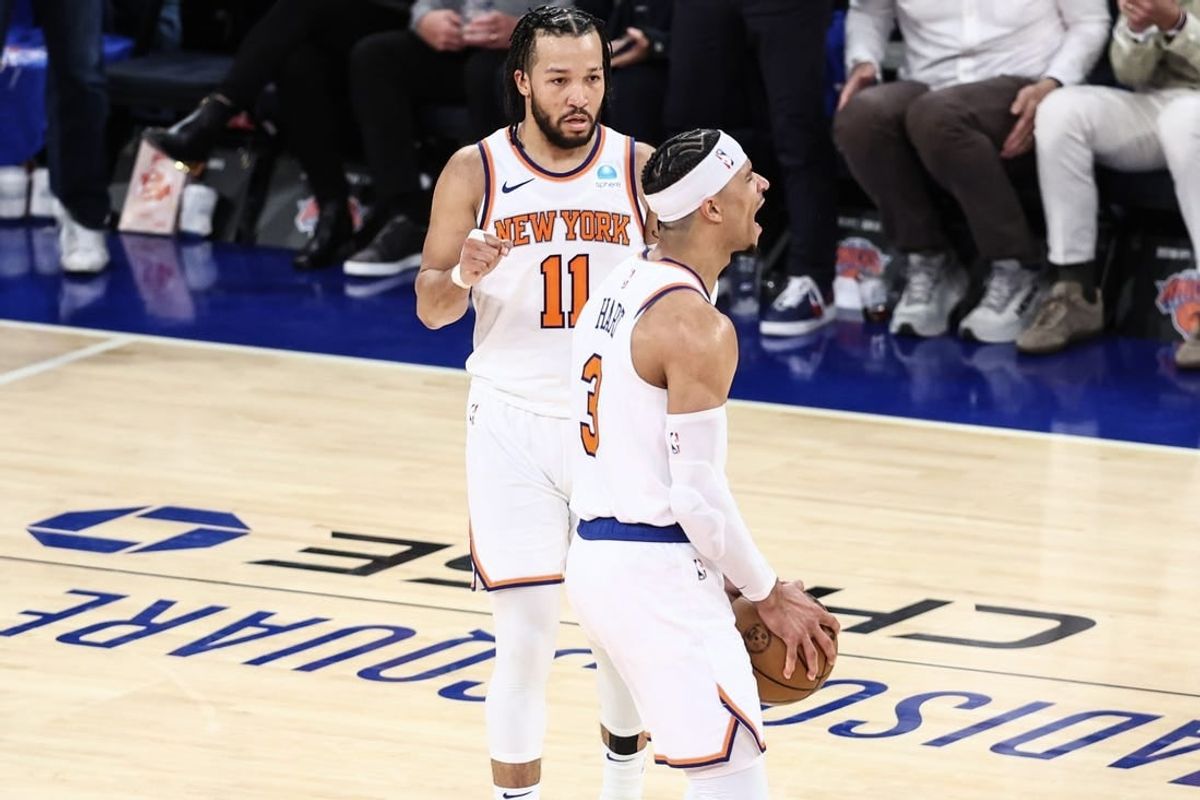 Apr 20, 2024; New York, New York, USA; New York Knicks guard Josh Hart (3) celebrates with guard Jalen Brunson (11) in the fourth quarter against the Philadelphia 76ers in game one of the first round for the 2024 NBA playoffs at Madison Square Garden.