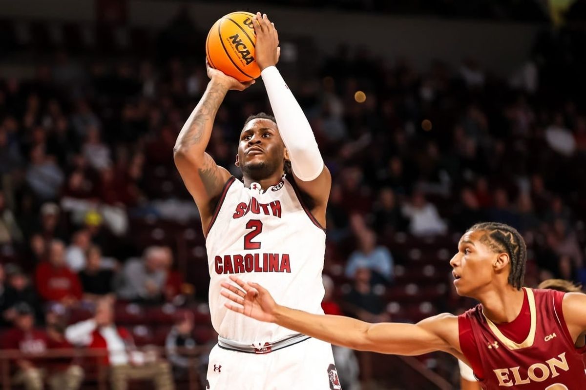 Dec 22, 2023; Columbia, South Carolina, USA; South Carolina Gamecocks forward B.J. Mack (2) shoots over Elon Phoenix guard LA Pratt (22) in the first half at Colonial Life Arena.
