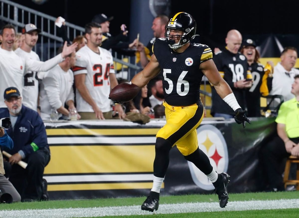 Sep 18, 2023; Pittsburgh, Pennsylvania, USA;  Pittsburgh Steelers linebacker Alex Highsmith (56) reacts after his interception resulted in a touchdown against the Cleveland Browns during the first quarter at Acrisure Stadium.