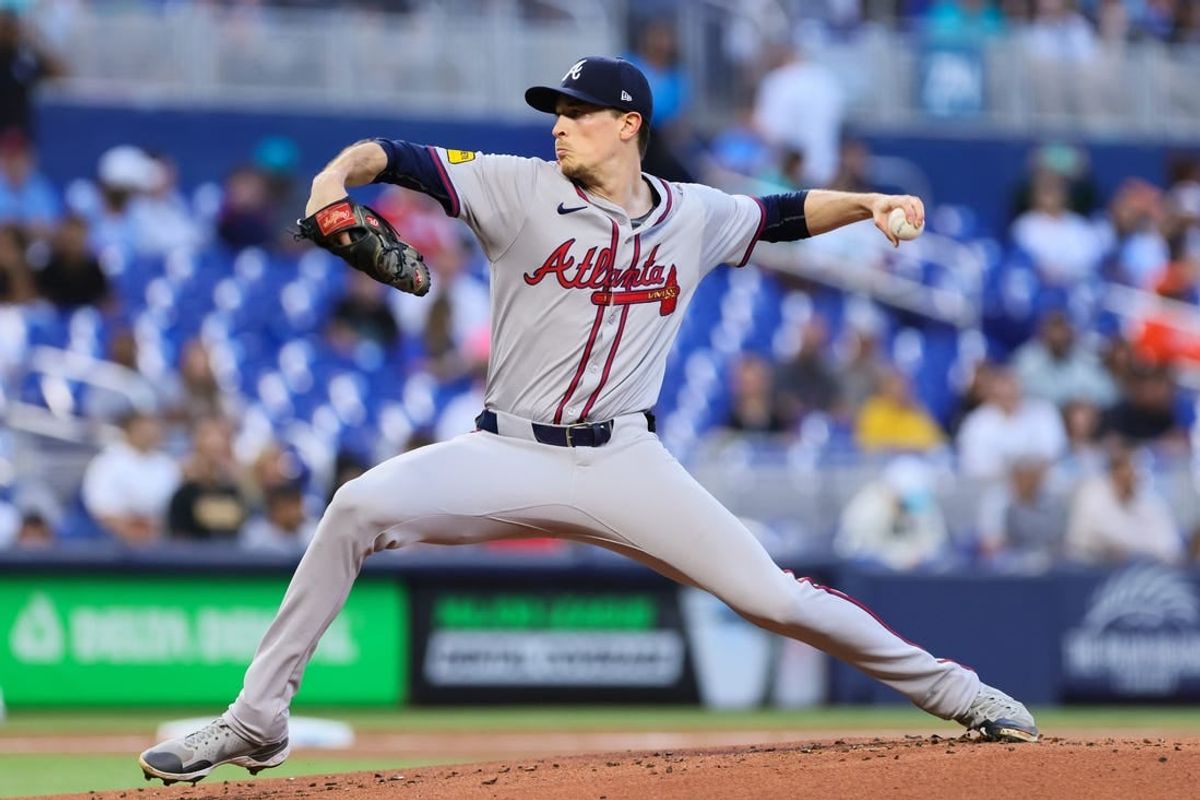 Apr 12, 2024; Miami, Florida, USA; Atlanta Braves starting pitcher Max Fried (54) delivers a pitch against the Miami Marlins during the first inning at loanDepot Park.