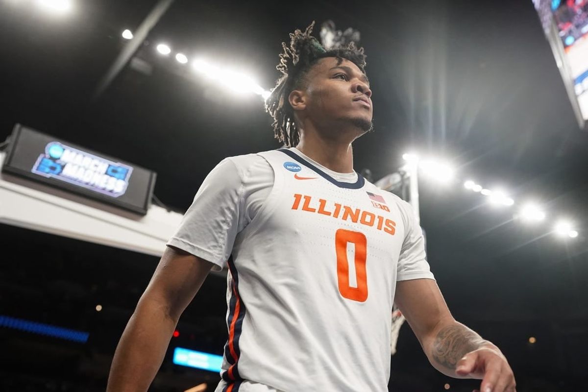 Mar 23, 2024; Omaha, NE, USA; Illinois Fighting Illini guard Terrence Shannon Jr. (0) looks on against the Duquesne Dukes during the second half in the second round of the 2024 NCAA Tournament at CHI Health Center Omaha.