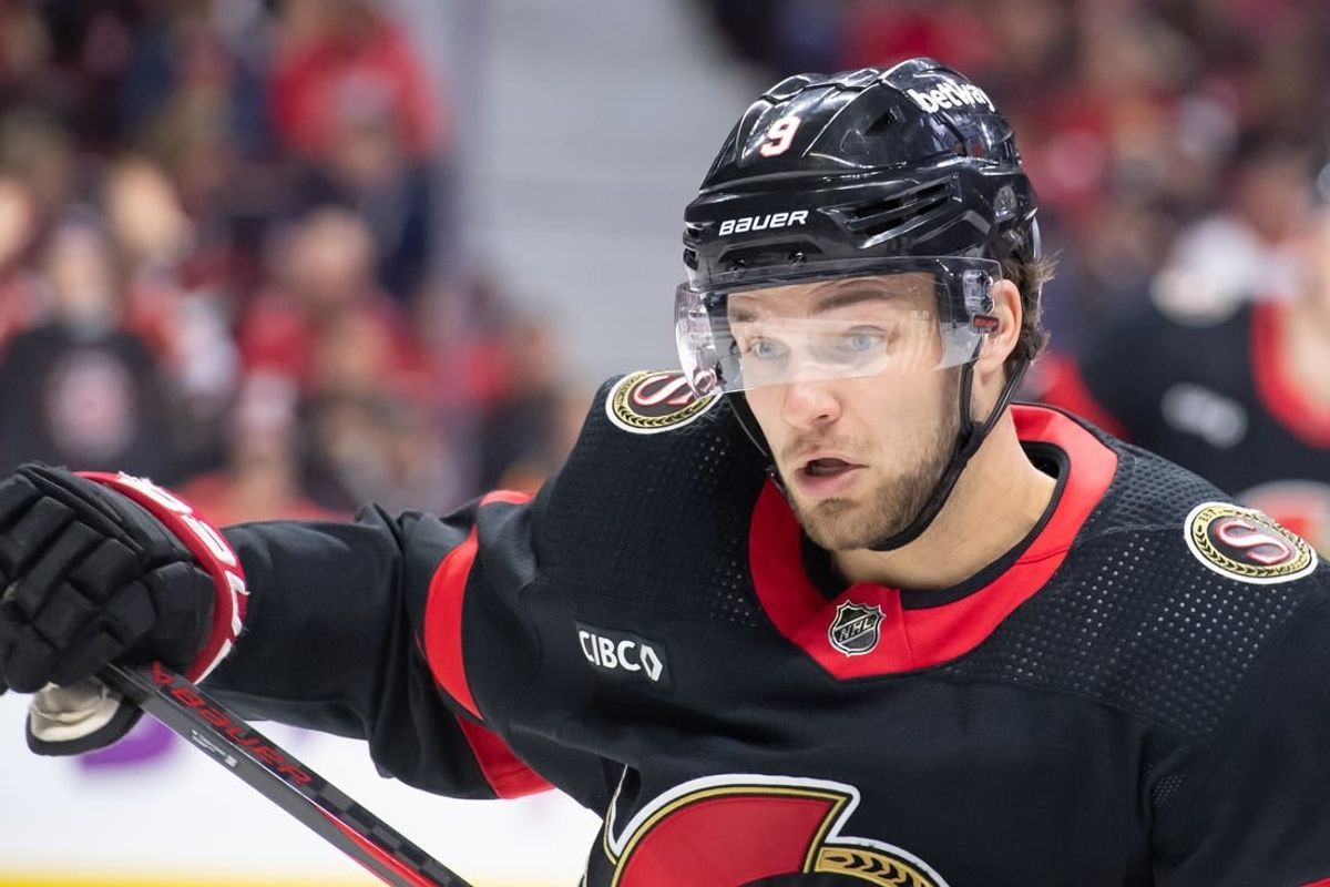 Feb 15, 2024; Ottawa, Ontario, CAN; Ottawa Senators center Josh Norris (9) follows the puck in the second period against the Anaheim Ducks at the Canadian Tire Centre.