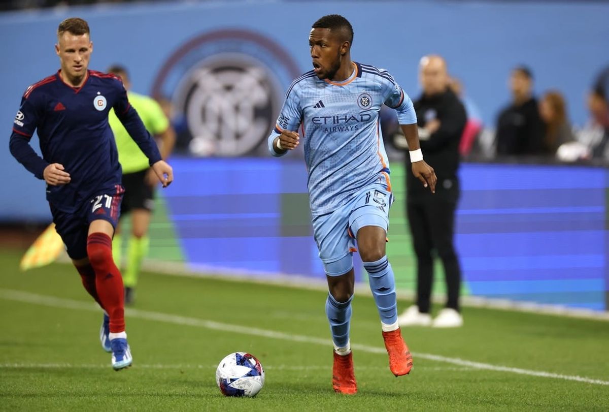 Oct 21, 2023; New York, NY, New York, NY, USA; New York City FC midfielder Andres Perea (15) dribbles against Chicago Fire midfielder Fabian Herbers (21) during the second half at Citi Field.