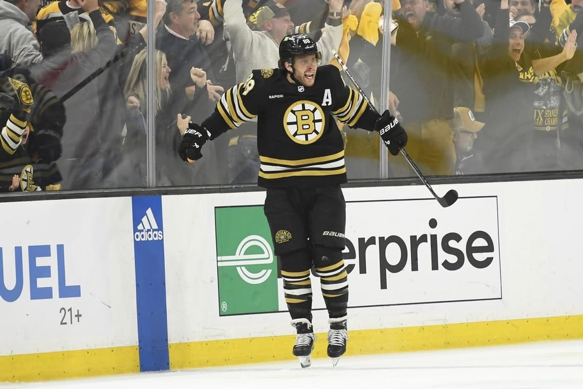 May 4, 2024; Boston, Massachusetts, USA; Boston Bruins right wing David Pastrnak (88) reacts after scoring the game winning goal during overtime in game seven of the first round of the 2024 Stanley Cup Playoffs against the Toronto Maple Leafs at TD Garden.