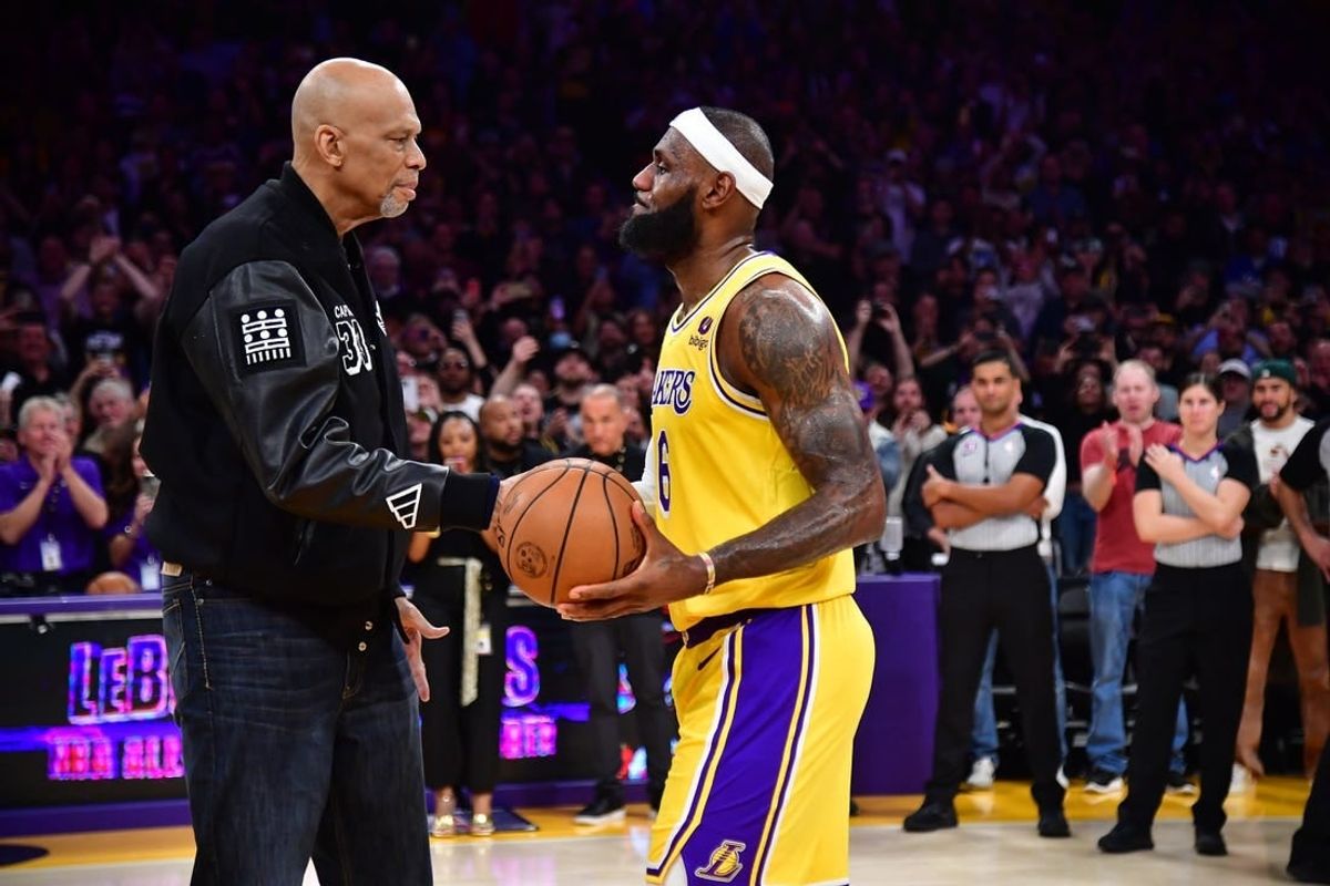 Feb 7, 2023; Los Angeles, California, USA; Los Angeles Lakers forward LeBron James (6) shakes hands with former player Kareem Abdul-Jabbar after breaking the NBA all time scoring record against the Oklahoma City Thunder during the second half at Crypto.com Arena.