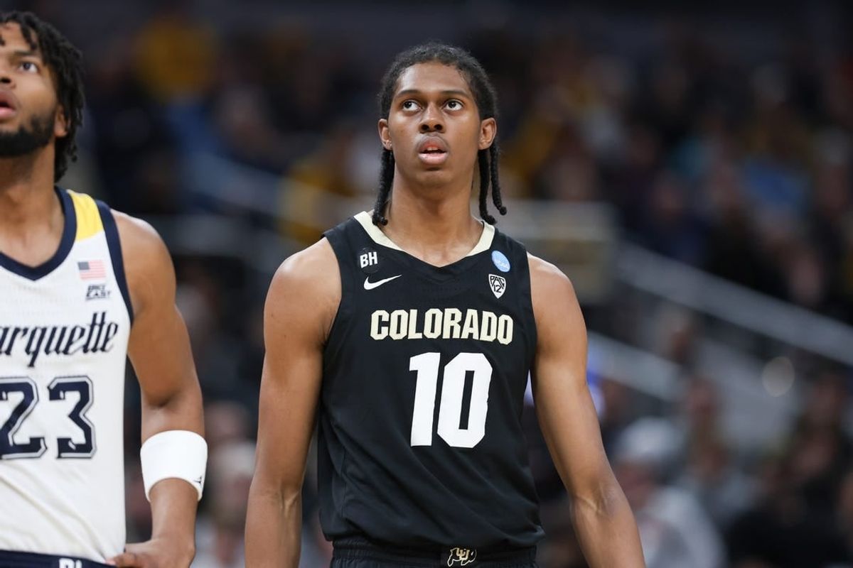 Mar 24, 2024; Indianapolis, IN, USA; Colorado Buffaloes forward Cody Williams (10) looks on during the first half against the Marquette Golden Eagles at Gainbridge FieldHouse.