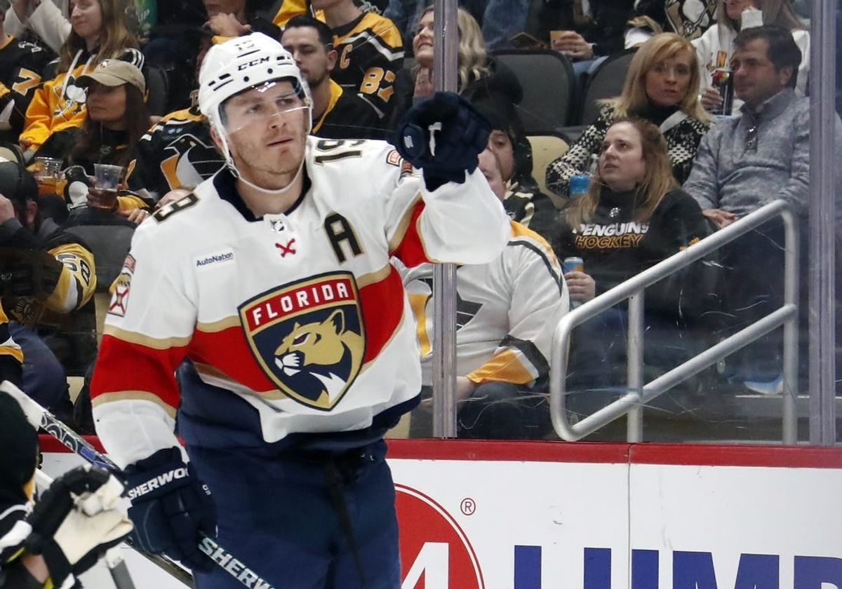 Feb 14, 2024; Pittsburgh, Pennsylvania, USA; Florida Panthers left wing Matthew Tkachuk (19) reacts after scoring a goal against the Pittsburgh Penguins during the second period at PPG Paints Arena.