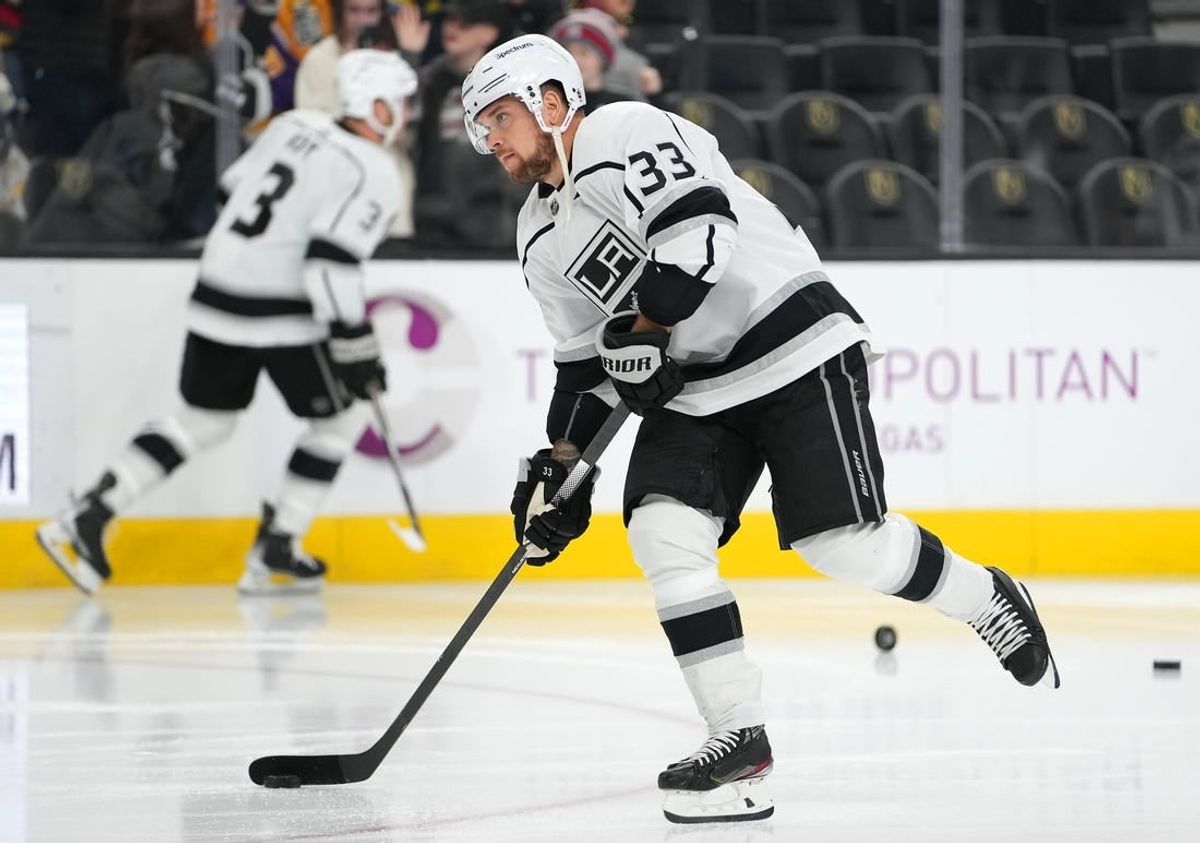 Feb 18, 2022; Las Vegas, Nevada, USA; Los Angeles Kings left wing Viktor Arvidsson (33) warms up before a game against the Vegas Golden Knights at T-Mobile Arena.