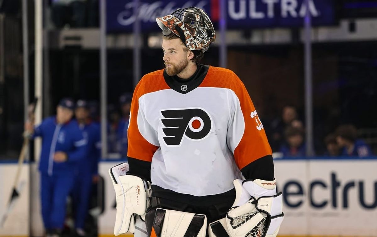 Apr 11, 2024; New York, New York, USA; Philadelphia Flyers goalie Samuel Ersson (33) during the third period against the New York Rangers at Madison Square Garden.