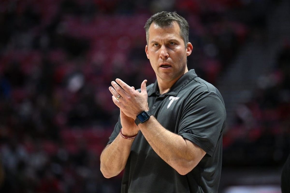Dec 5, 2022; San Diego, California, USA; Troy Trojans head coach Scott Cross looks on during the first half against the San Diego State Aztecs at Viejas Arena.