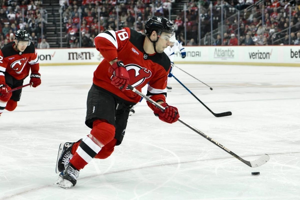 Feb 25, 2024; Newark, New Jersey, USA; New Jersey Devils right wing Timo Meier (28) skates with the puck during the second period against the Tampa Bay Lightning at Prudential Center.